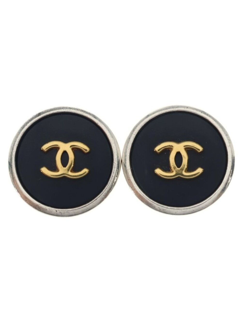 Chanel CC Logo Round Earrings Silver Gold 96P